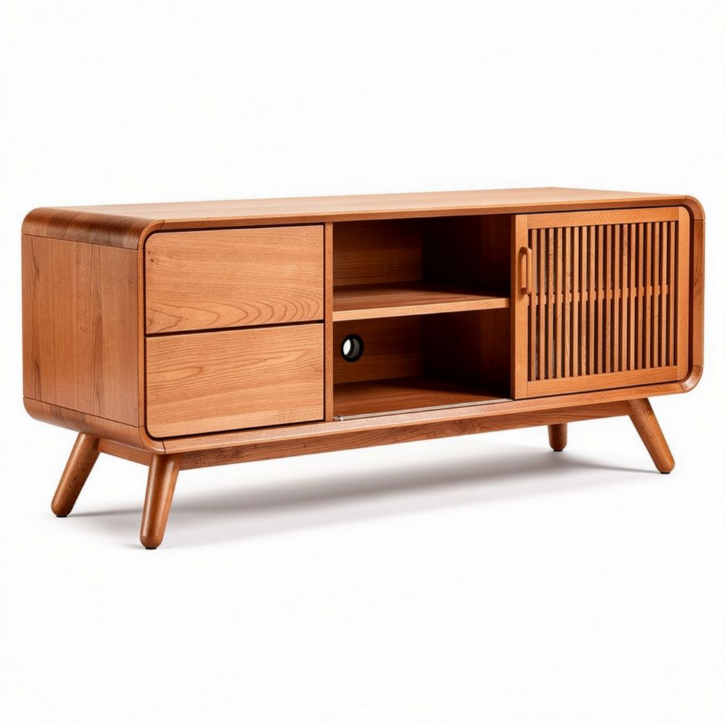 Wooden media console with four drawers and open storage space 140 x 40 x 45cm
