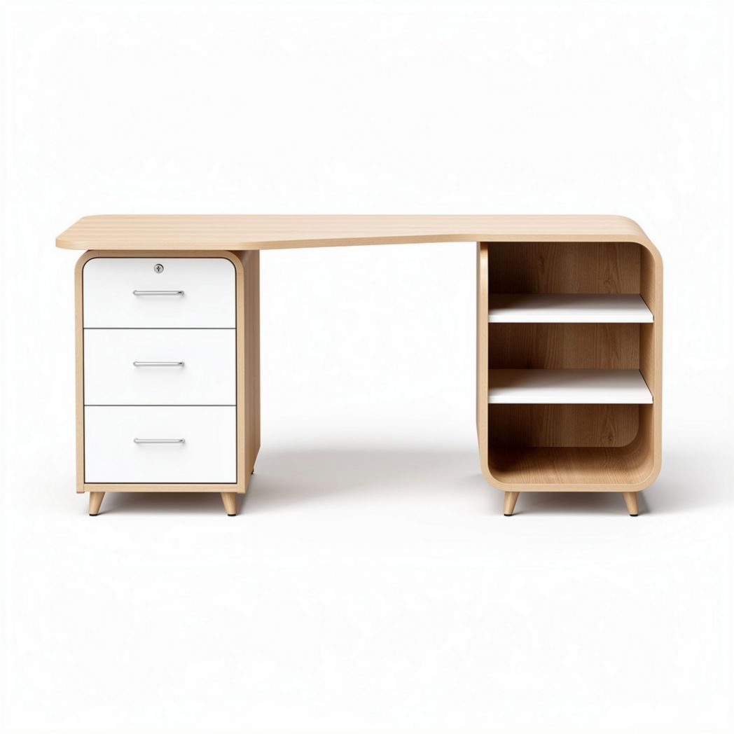 Modern wood desk with three drawers and open shelving in natural finish