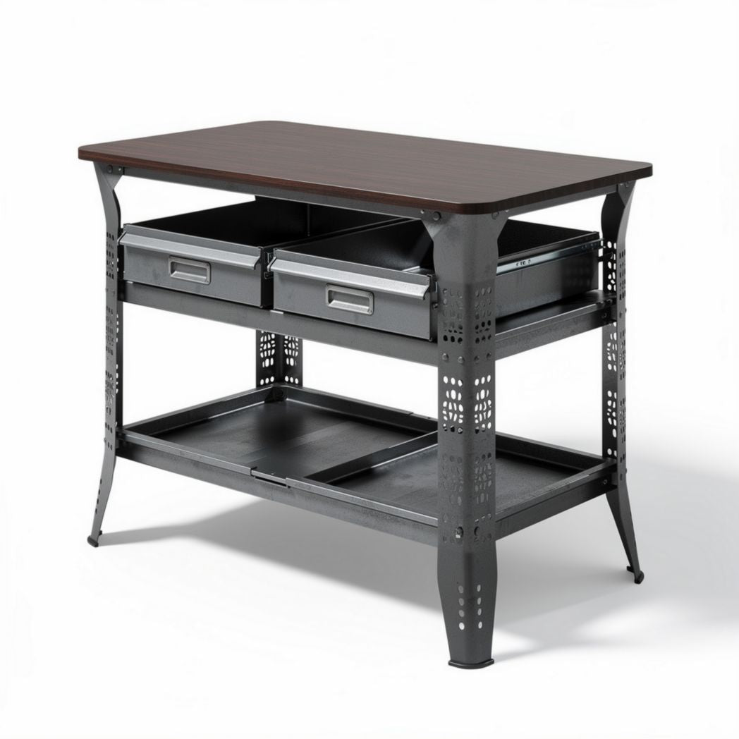 Metal frame workstation with wooden top and two storage drawers 120 x 60 x 76cm