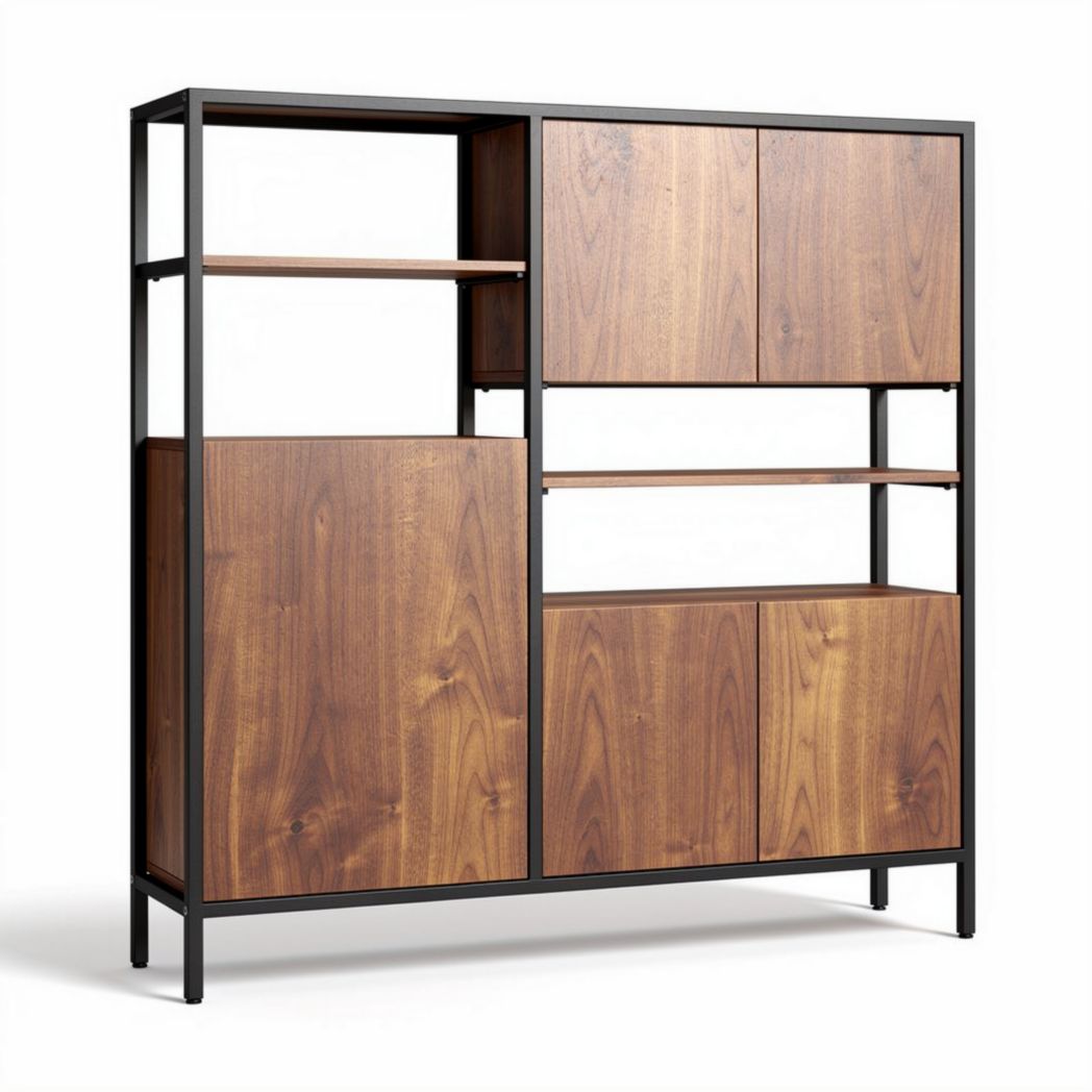 Wooden shelving unit with ribbed design measuring 120 x 40 x 100cm in natural finish