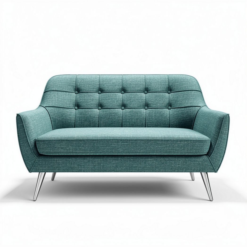 Mid-century modern teal loveseat with tufted upholstery and metal legs