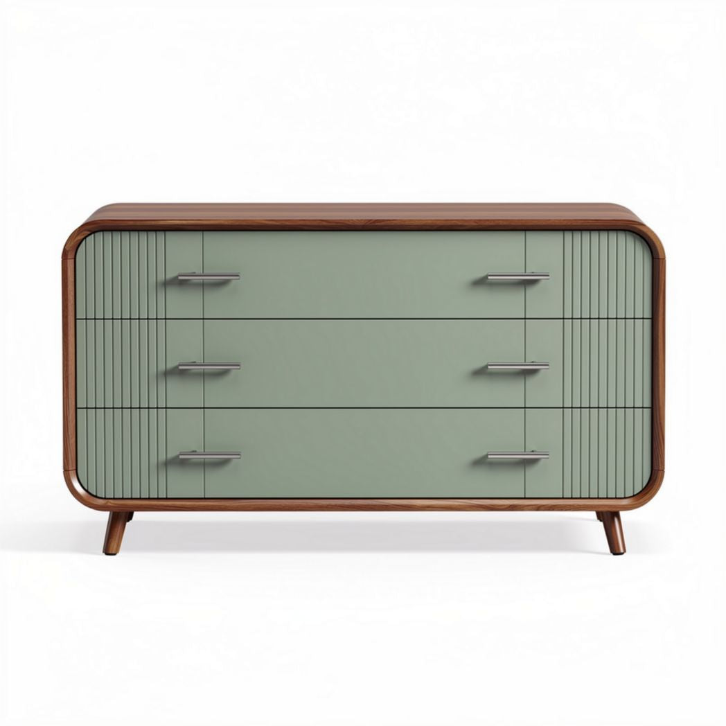 Mid-century modern dresser with three drawers in green and wood finish 120 x 50 x 75cm